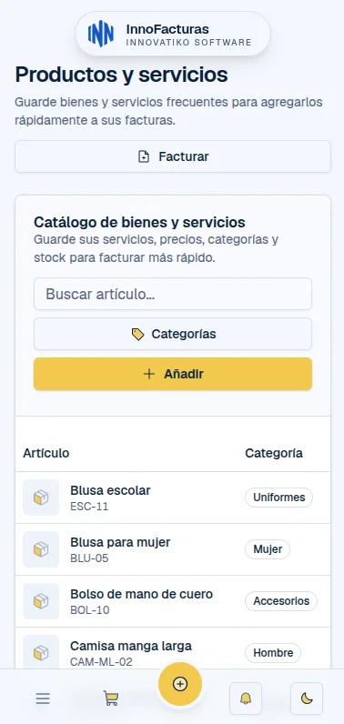 Catálogo de productos y servicios de InnoFacturas en un celular, en modo claro